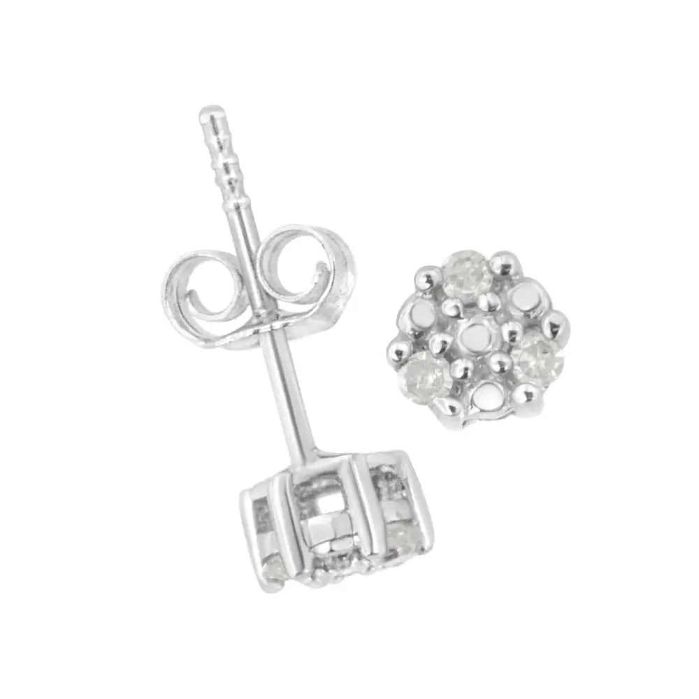 Trio Diamond Flower Stud Earrings in Sterling Silver 1/10 Cttw