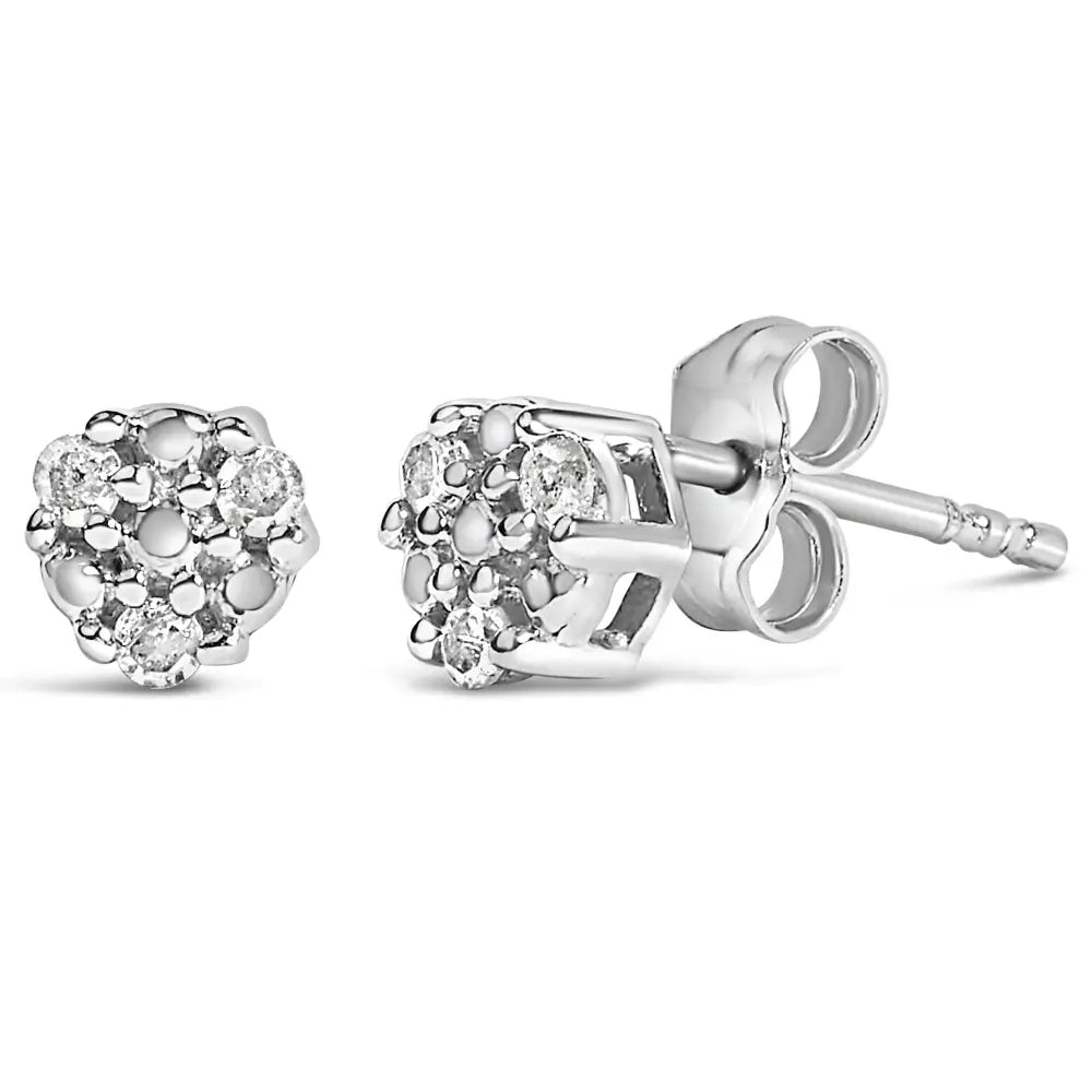 Trio Diamond Flower Stud Earrings in Sterling Silver 1/10 Cttw