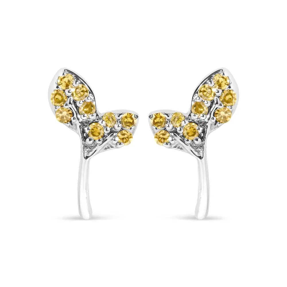 Yellow Diamond Leaf Stud Earrings in Sterling Silver 1/16 Cttw