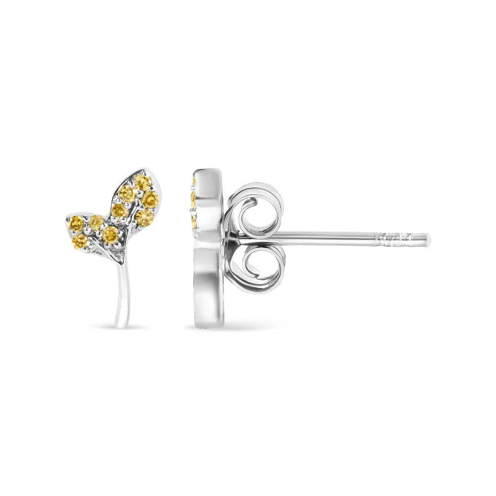 Yellow Diamond Leaf Stud Earrings in Sterling Silver 1/16 Cttw