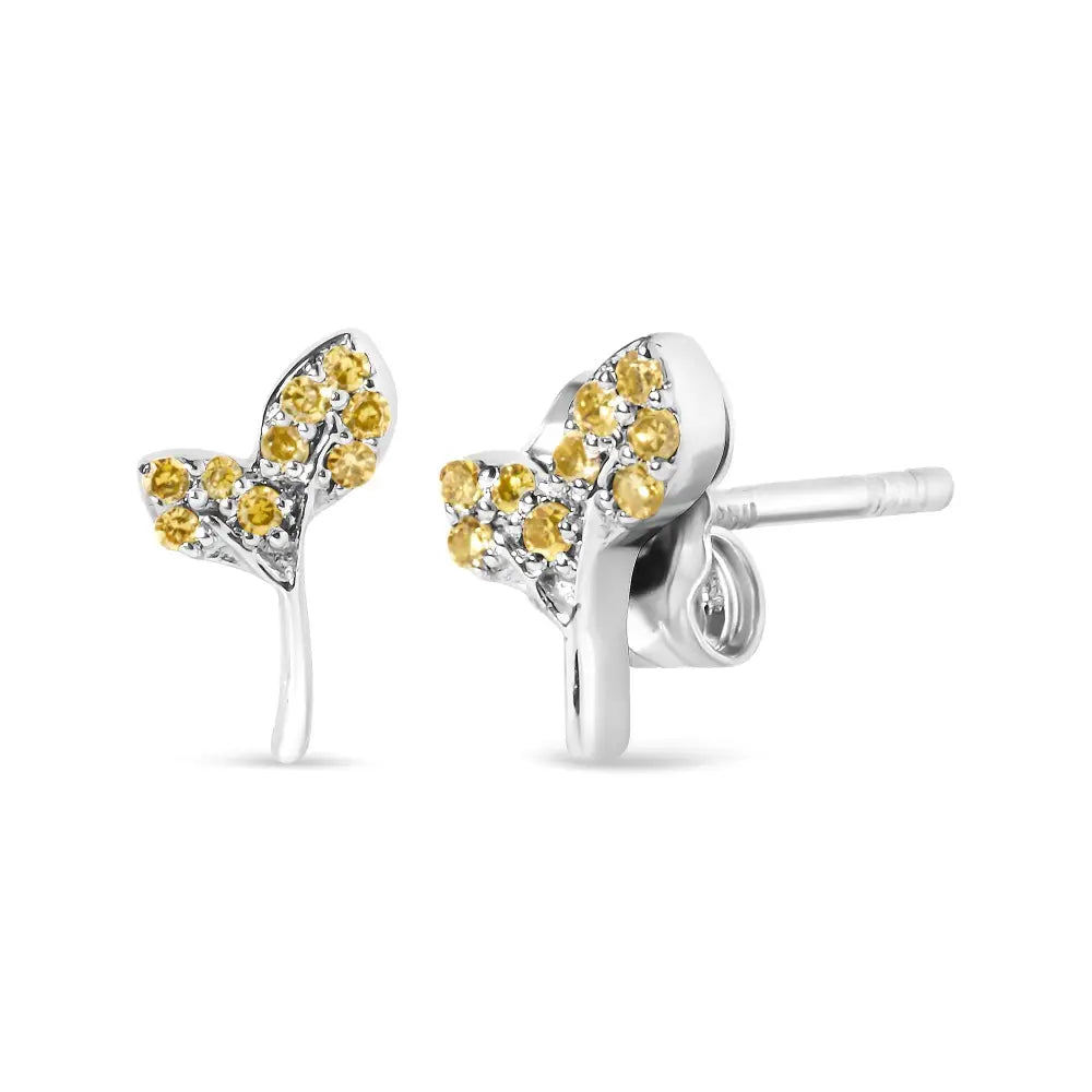 Yellow Diamond Leaf Stud Earrings in Sterling Silver 1/16 Cttw