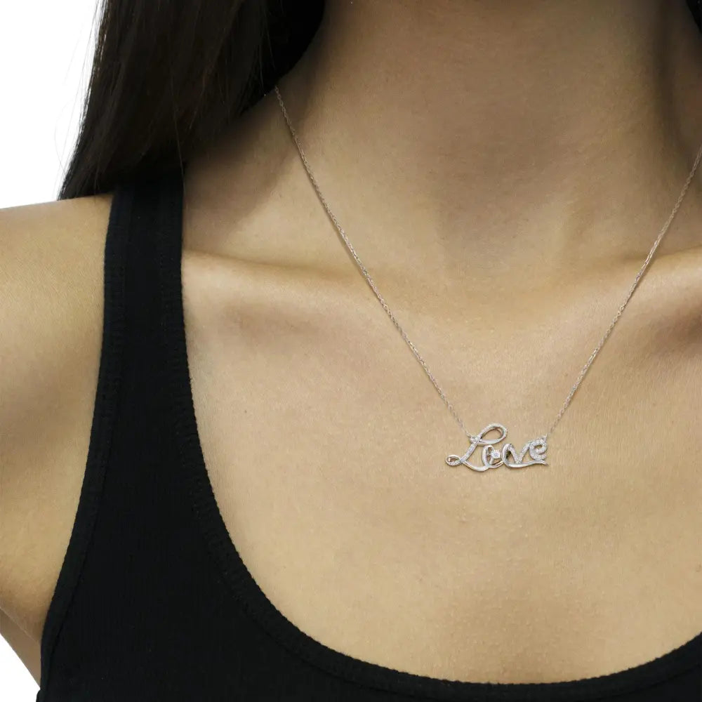 1/4 Cttw Diamond Cursive Love Pendant Necklace in .925 Sterling Silver