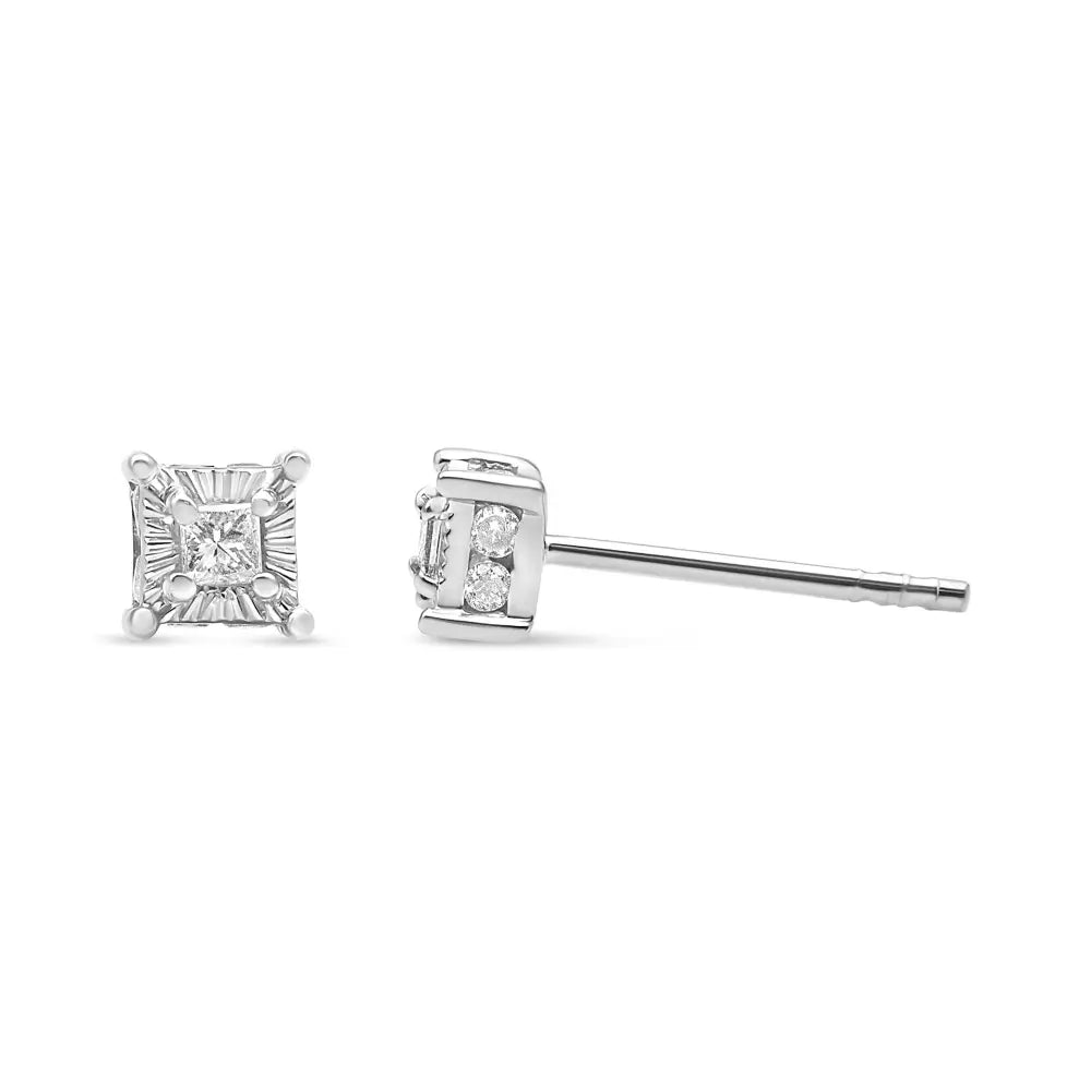 Princess Cut Diamond Hidden Halo Stud Earrings in Sterling Silver 1/4 Cttw