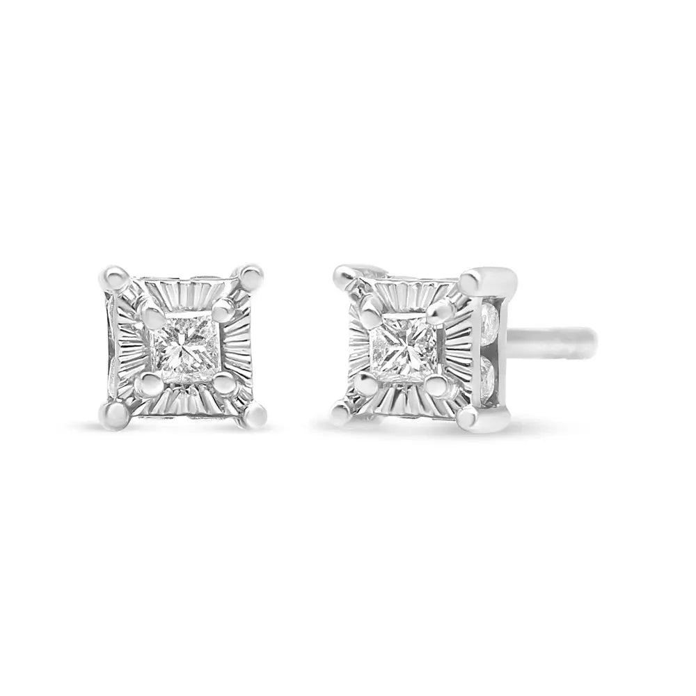 Princess Cut Diamond Hidden Halo Stud Earrings in Sterling Silver 1/4 Cttw