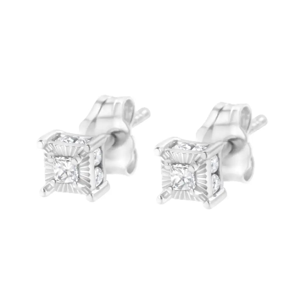 Princess Cut Diamond Hidden Halo Stud Earrings in Sterling Silver 1/4 Cttw