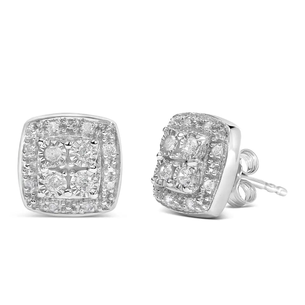 Round Diamond Square Milgrain Stud Earrings in Sterling Silver 1/4 Cttw