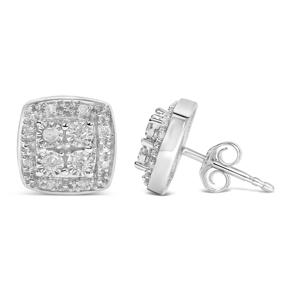Round Diamond Square Milgrain Stud Earrings in Sterling Silver 1/4 Cttw