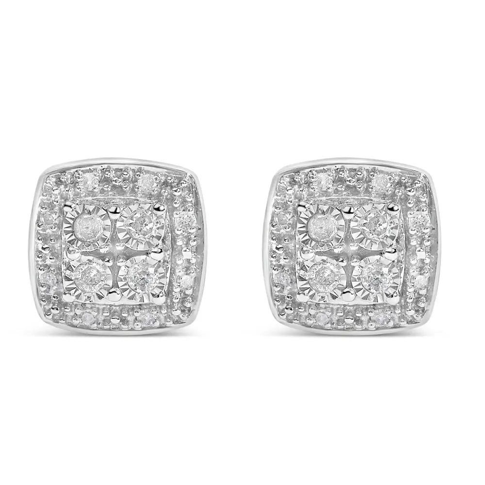 Round Diamond Square Milgrain Stud Earrings in Sterling Silver 1/4 Cttw