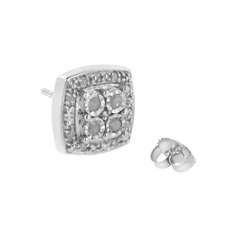 Round Diamond Square Milgrain Stud Earrings in Sterling Silver 1/4 Cttw