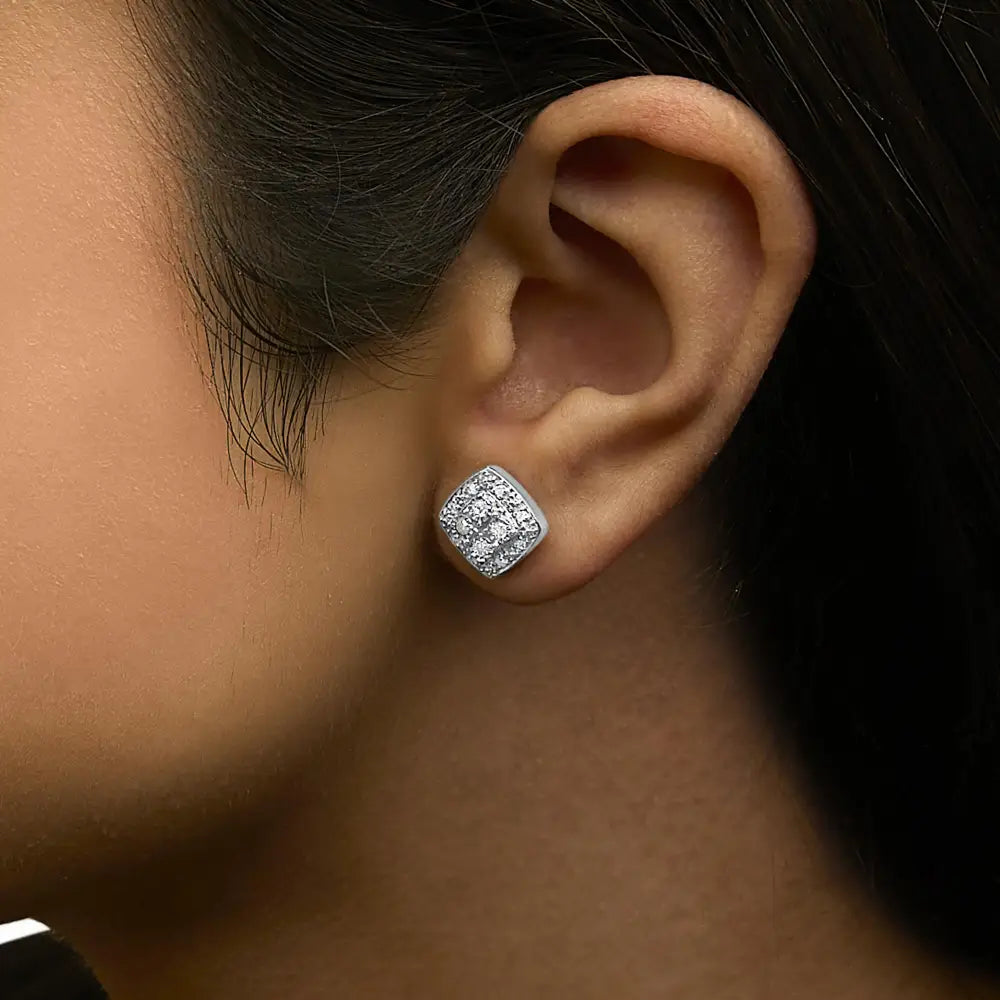 Round Diamond Square Milgrain Stud Earrings in Sterling Silver 1/4 Cttw