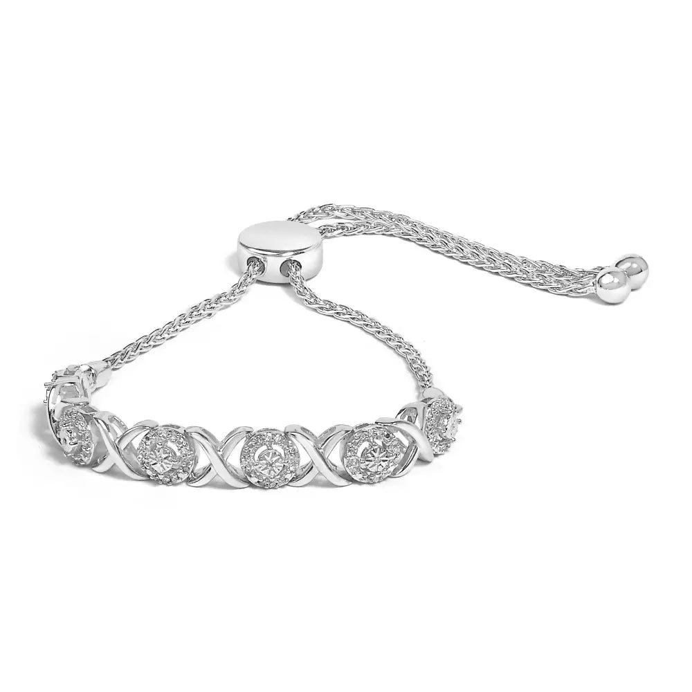 Diamond X and O Bolo Bracelet in .925 Sterling Silver 1/6 Cttw