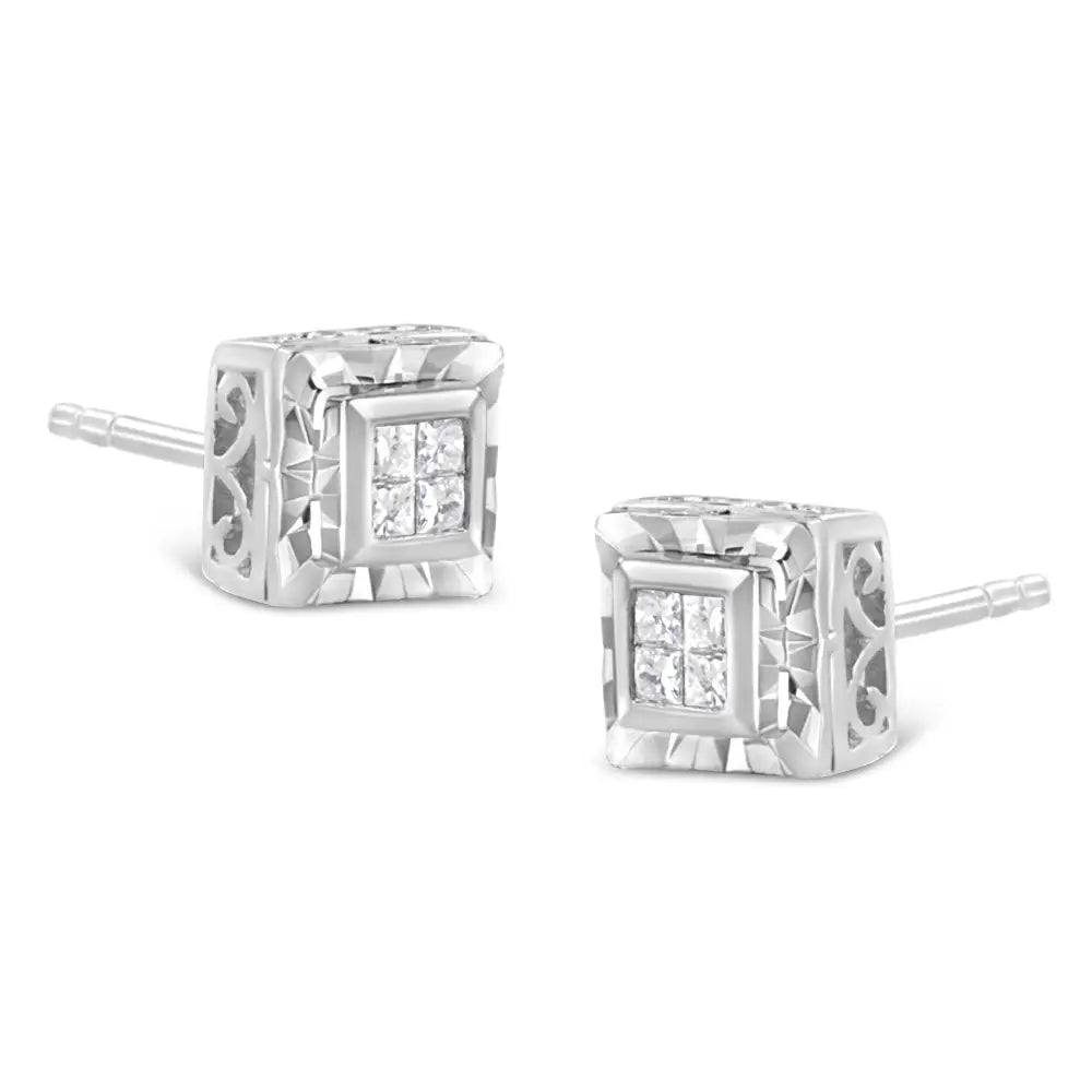 Princess Cut Diamond Composite Stud Earrings in Sterling Silver 1/6 Cttw