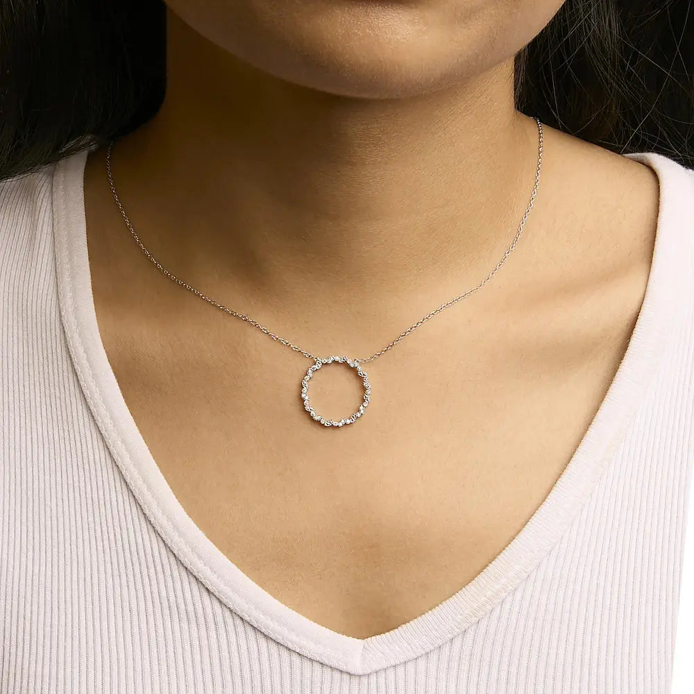 Sterling Silver 1/7 Cttw Lab Grown Diamond Beaded Circle Necklace 18