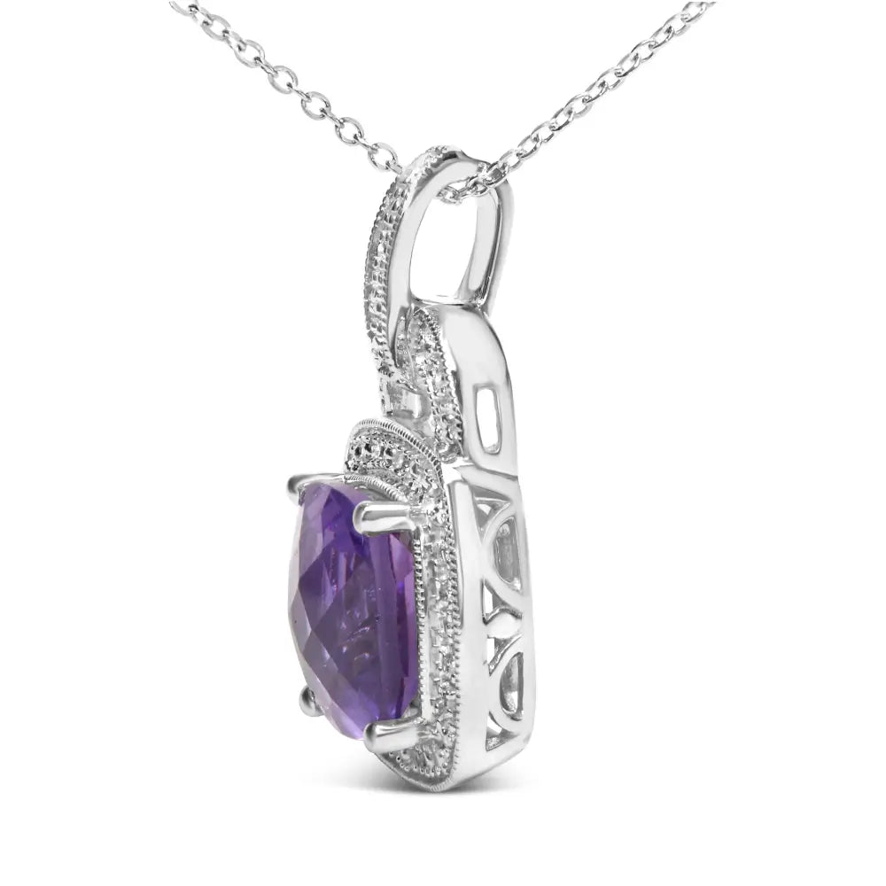 Cushion Cut Treated Amethyst and Diamond Halo Pendant in Silver