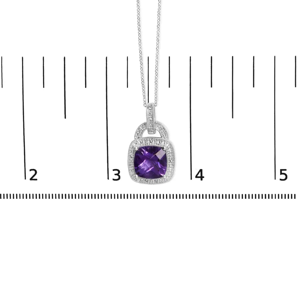 Cushion Cut Treated Amethyst and Diamond Halo Pendant in Silver