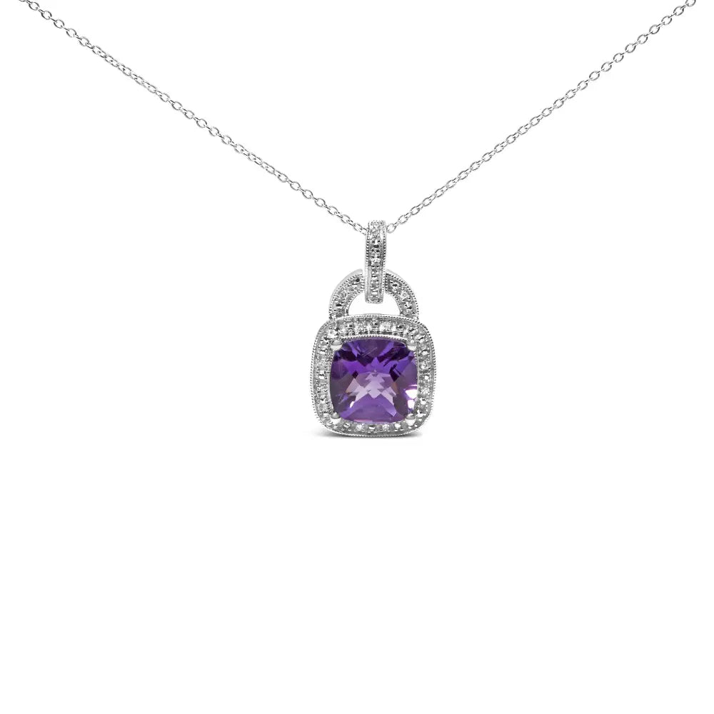 Cushion Cut Treated Amethyst and Diamond Halo Pendant in Silver