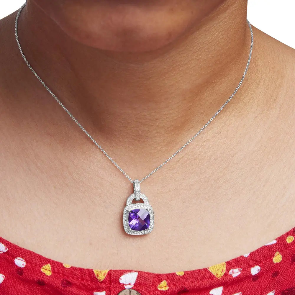 Cushion Cut Treated Amethyst and Diamond Halo Pendant in Silver