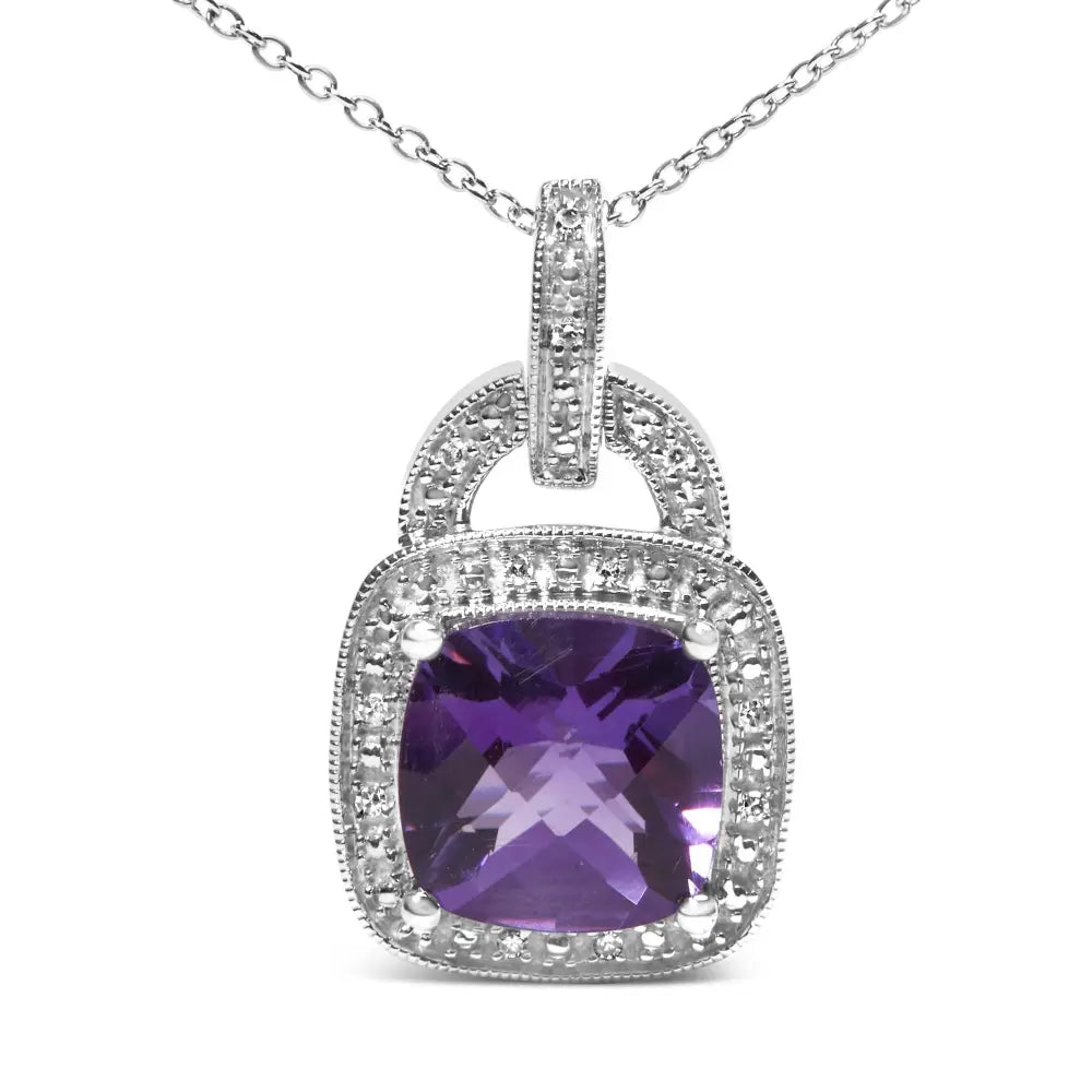 Cushion Cut Treated Amethyst and Diamond Halo Pendant in Silver