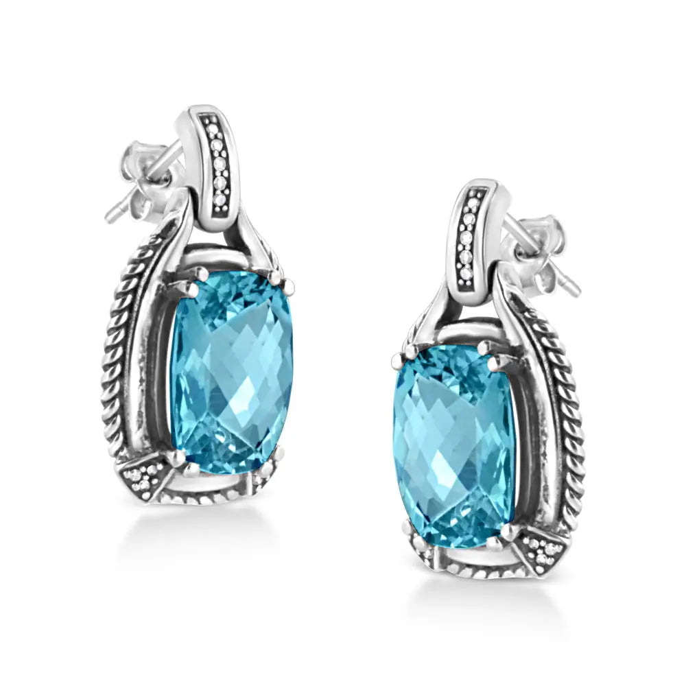 Cushion Blue Topaz and Diamond Dangle Earrings in Sterling Silver