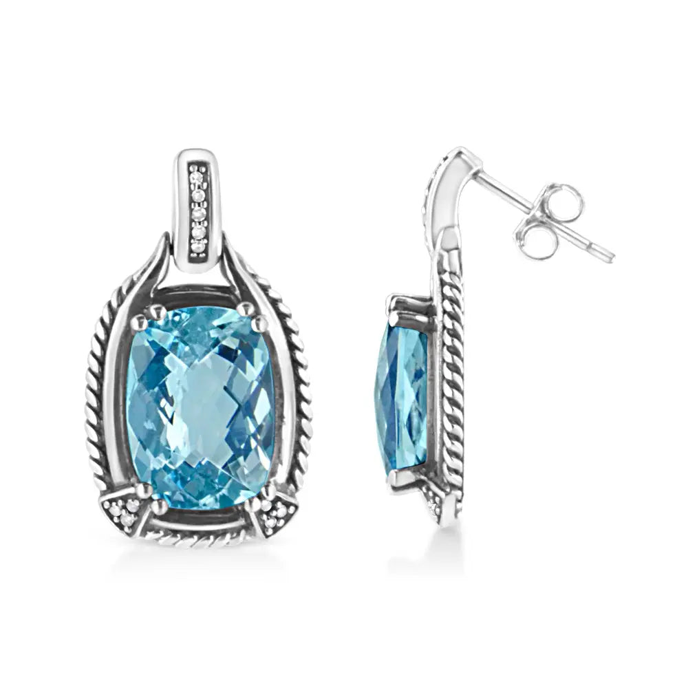 Cushion Blue Topaz and Diamond Dangle Earrings in Sterling Silver