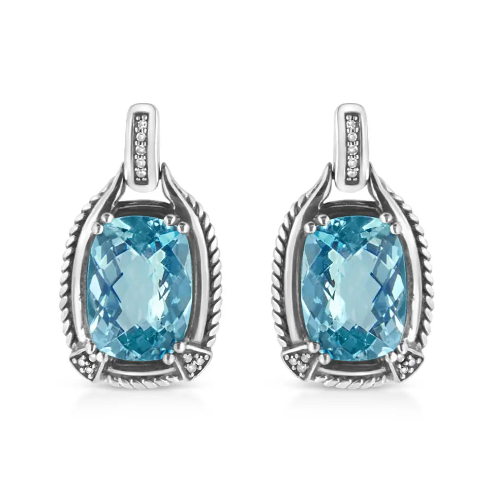 Cushion Blue Topaz and Diamond Dangle Earrings in Sterling Silver
