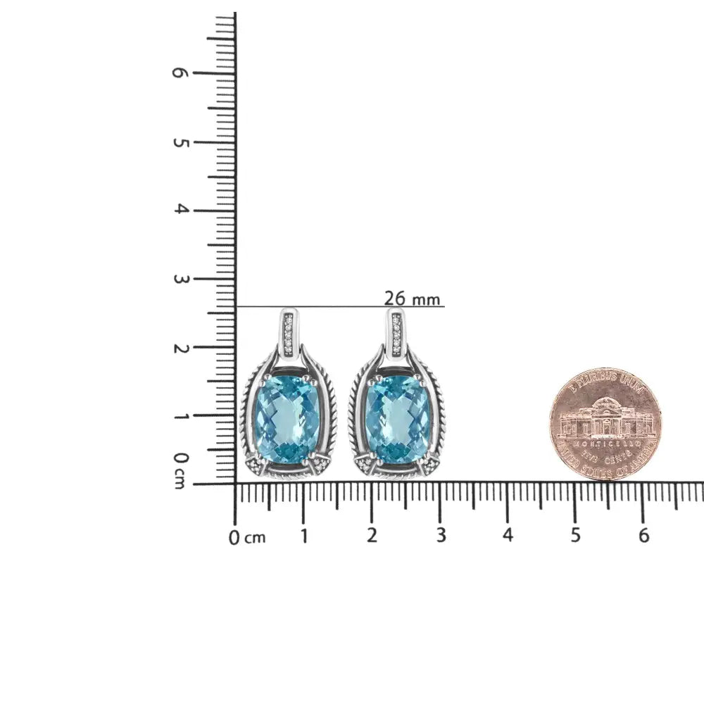 Cushion Blue Topaz and Diamond Dangle Earrings in Sterling Silver