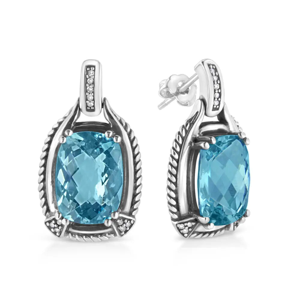 Cushion Blue Topaz and Diamond Dangle Earrings in Sterling Silver