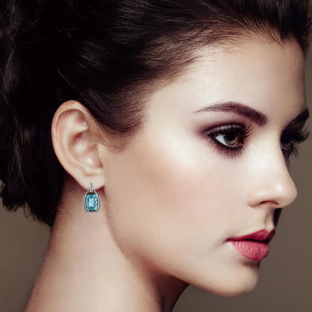 Cushion Blue Topaz and Diamond Dangle Earrings in Sterling Silver