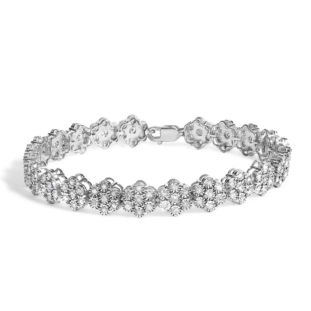 2 Cttw Diamond Floral Cluster Link Bracelet in Sterling Silver 7.25 Inch