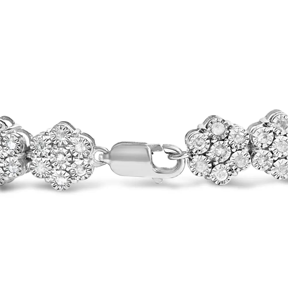 2 Cttw Diamond Floral Cluster Link Bracelet in Sterling Silver 7.25 Inch