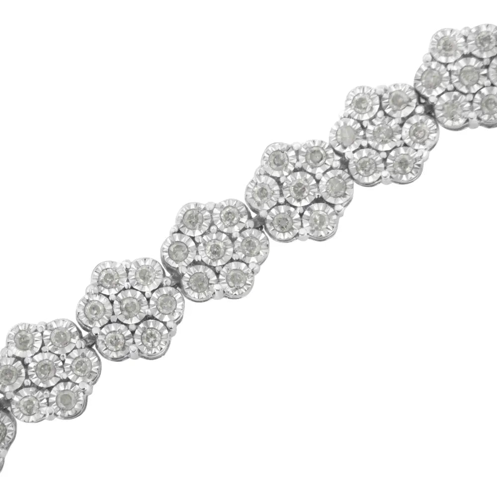 2 Cttw Diamond Floral Cluster Link Bracelet in Sterling Silver 7.25 Inch