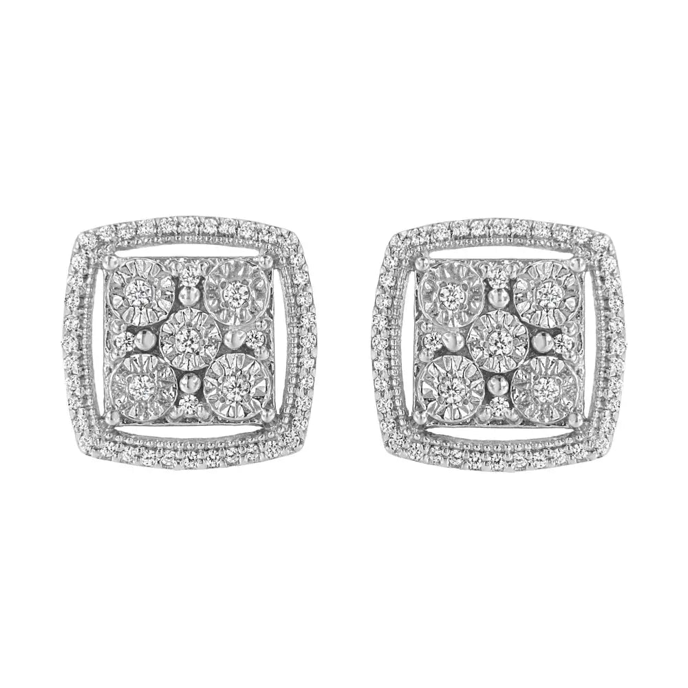 3/8 Cttw Diamond Double Halo Square Stud Earrings in Sterling Silver