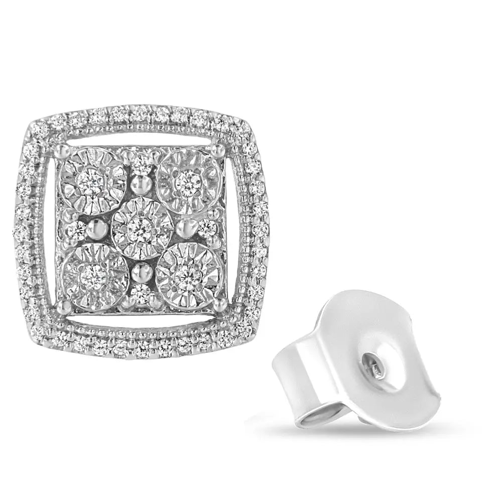 3/8 Cttw Diamond Double Halo Square Stud Earrings in Sterling Silver