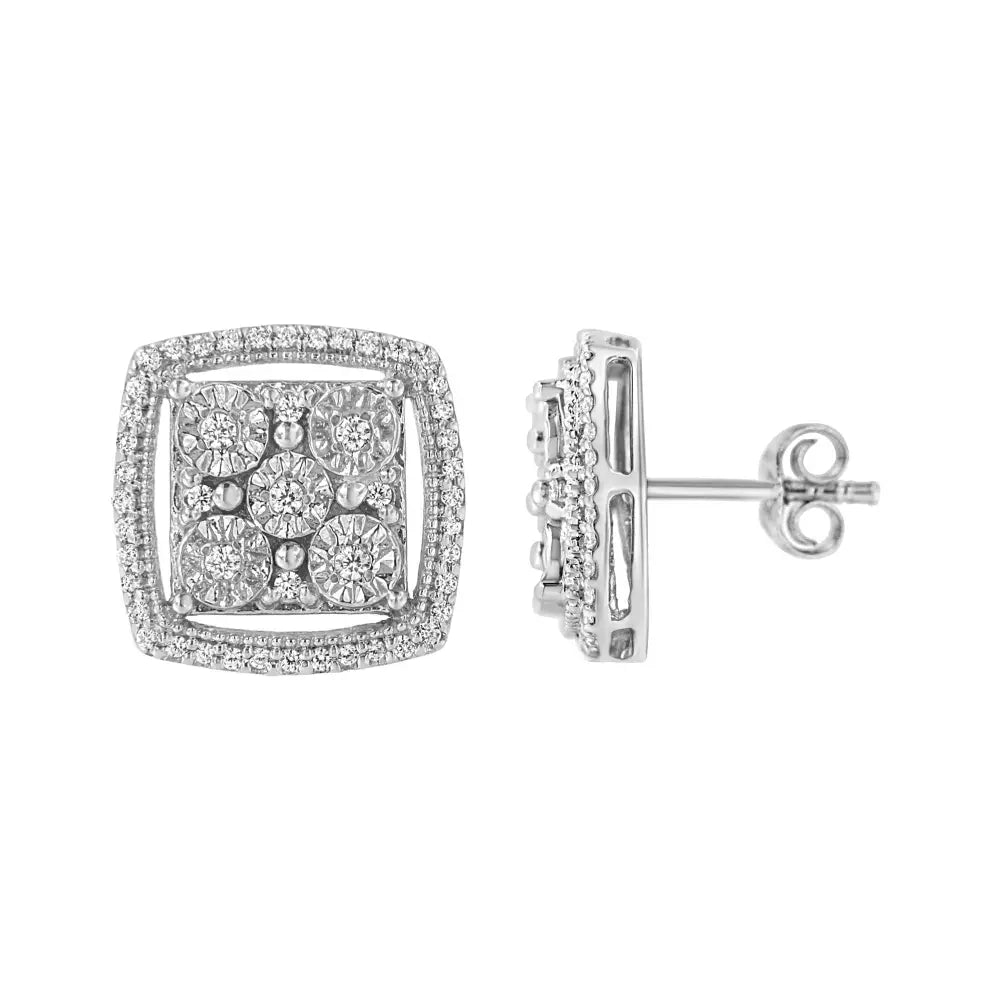 3/8 Cttw Diamond Double Halo Square Stud Earrings in Sterling Silver