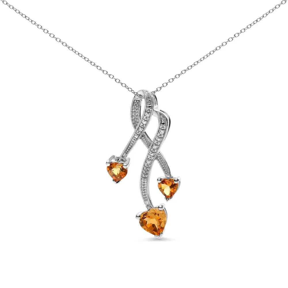 Three-Heart Citrine and Diamond Spiral Pendant in Sterling Silver 2.01 Cttw