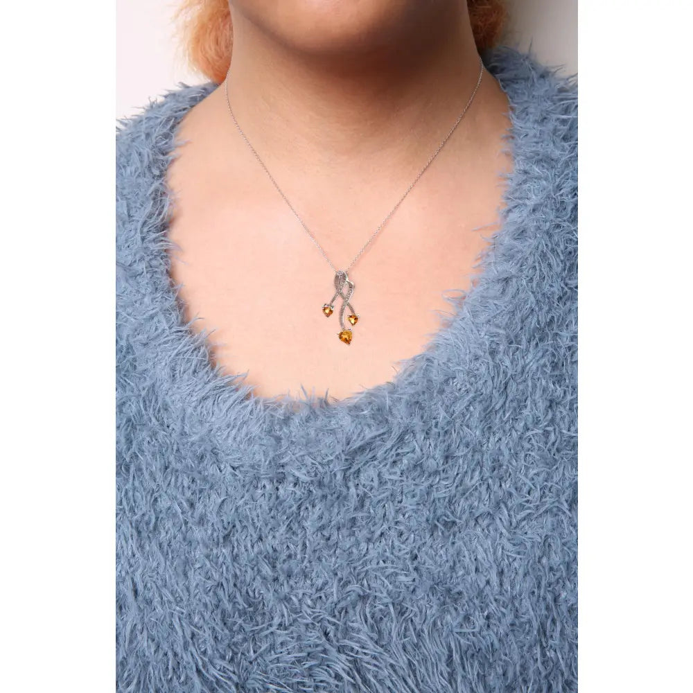 Three-Heart Citrine and Diamond Spiral Pendant in Sterling Silver 2.01 Cttw