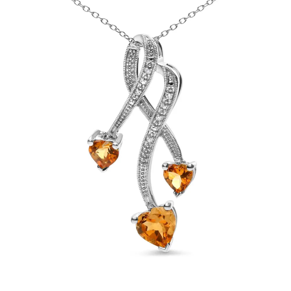 Three-Heart Citrine and Diamond Spiral Pendant in Sterling Silver 2.01 Cttw