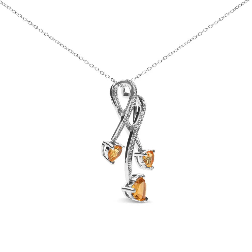 Three-Heart Citrine and Diamond Spiral Pendant in Sterling Silver 2.01 Cttw