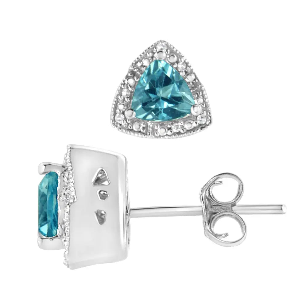 Trillion Blue Topaz and Diamond Halo Stud Earrings in Sterling Silver 6mm
