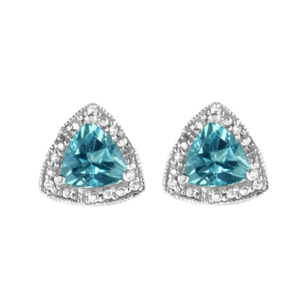 Trillion Blue Topaz and Diamond Halo Stud Earrings in Sterling Silver 6mm