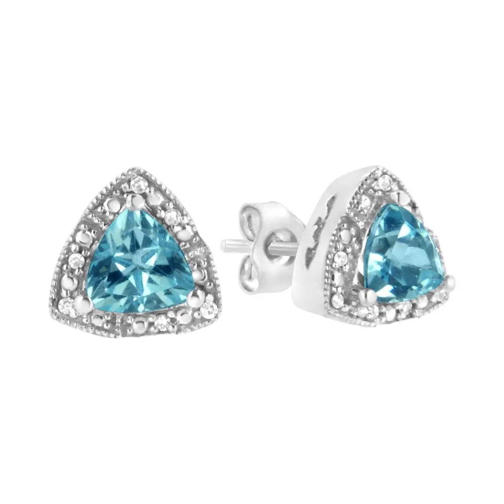 Trillion Blue Topaz and Diamond Halo Stud Earrings in Sterling Silver 6mm