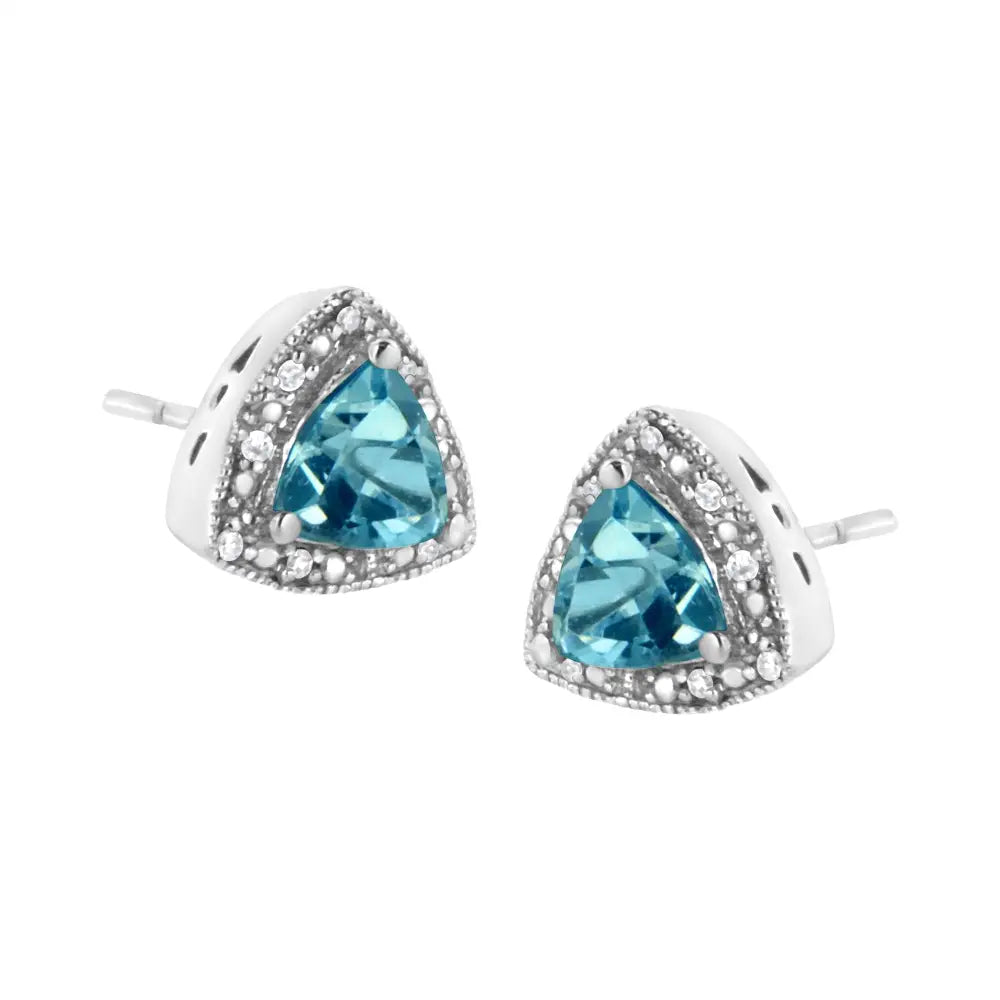 Trillion Blue Topaz and Diamond Halo Stud Earrings in Sterling Silver 6mm