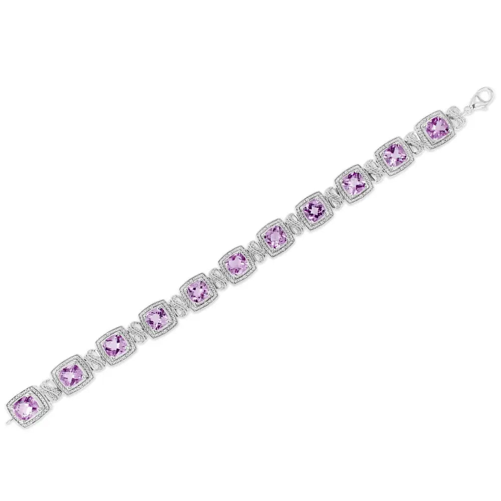 Cushion Amethyst and 1/10 cttw Diamond Tennis Bracelet in Sterling Silver