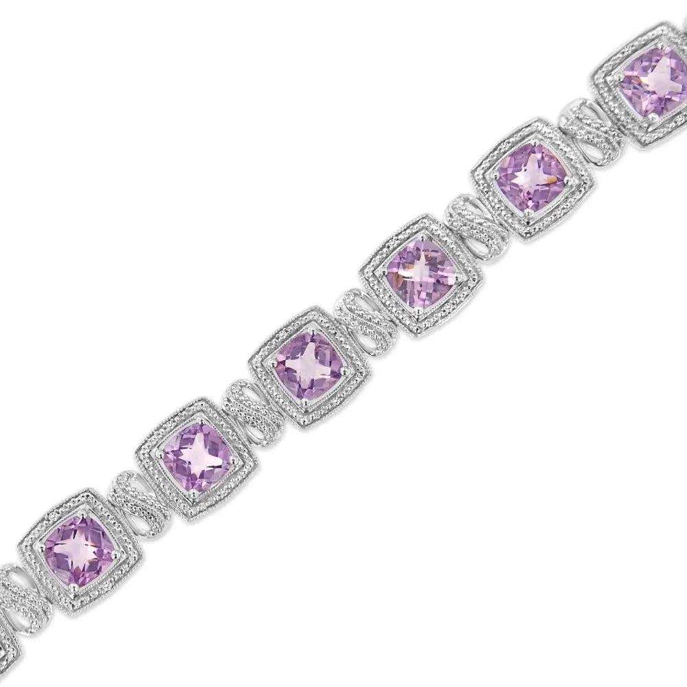 Cushion Amethyst and 1/10 cttw Diamond Tennis Bracelet in Sterling Silver