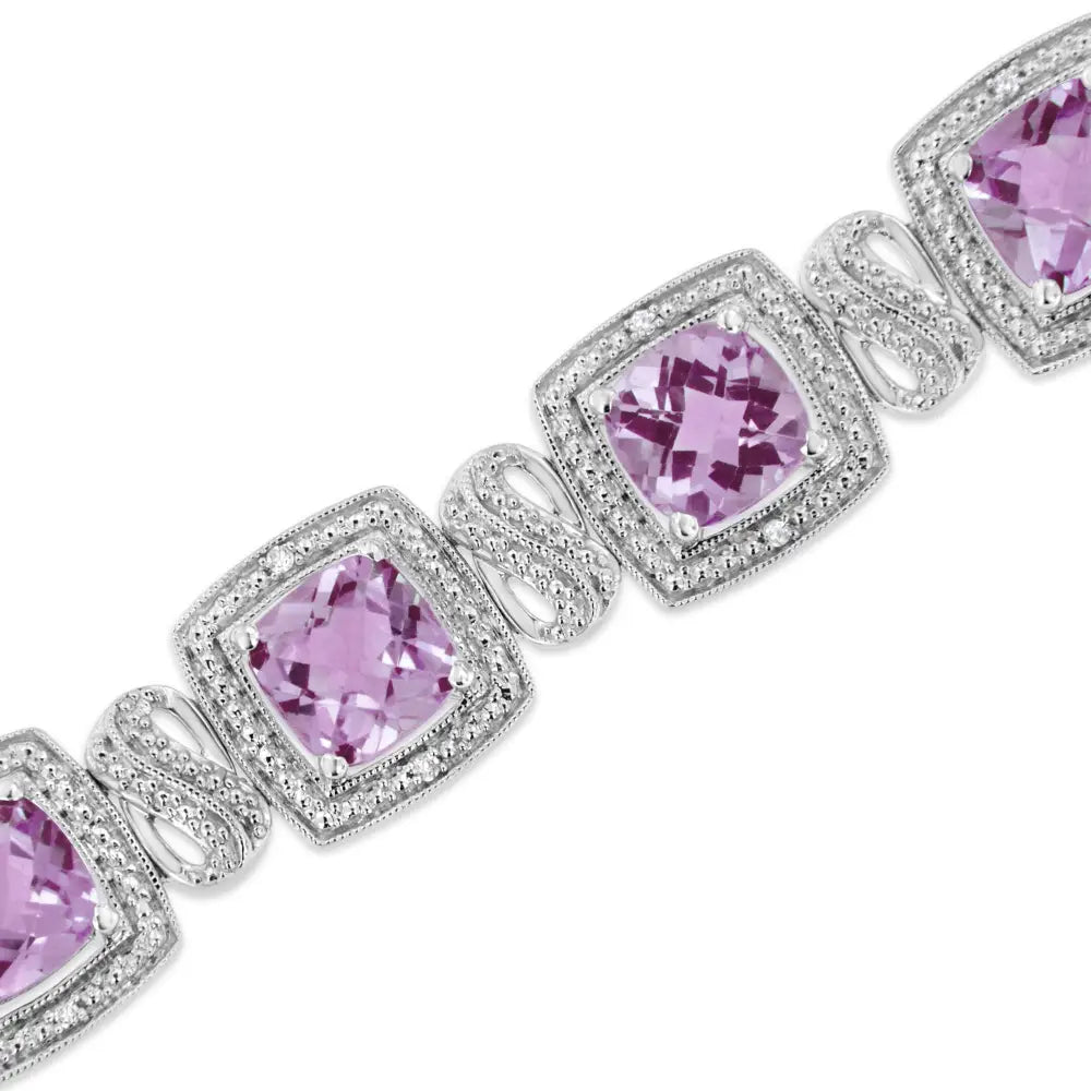 Cushion Amethyst and 1/10 cttw Diamond Tennis Bracelet in Sterling Silver