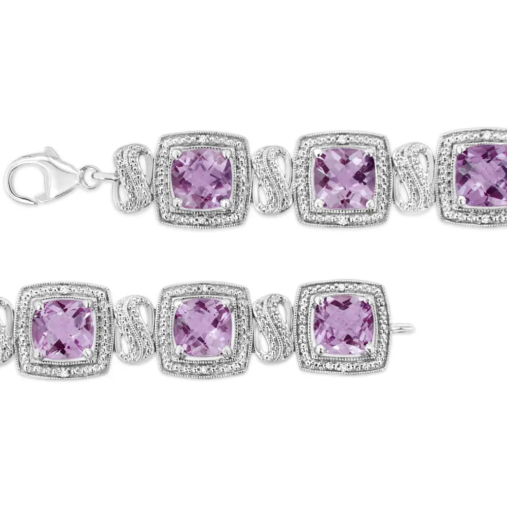 Cushion Amethyst and 1/10 cttw Diamond Tennis Bracelet in Sterling Silver