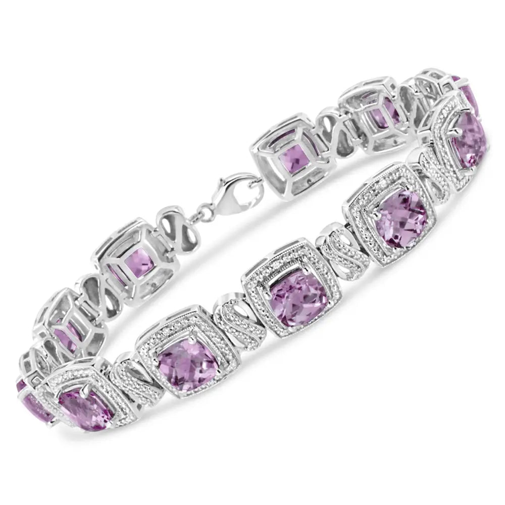 Cushion Amethyst and 1/10 cttw Diamond Tennis Bracelet in Sterling Silver