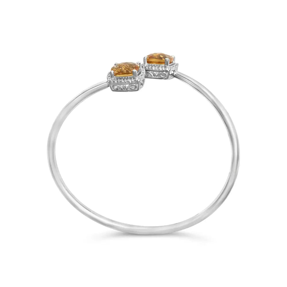 Cushion Citrine and Diamond Halo Split Bypass Bangle in Sterling Silver