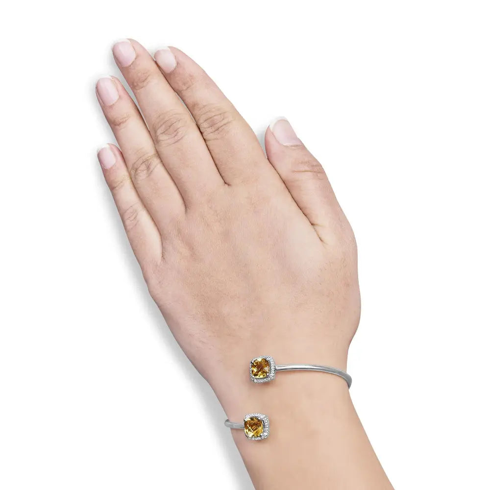 Cushion Citrine and Diamond Halo Split Bypass Bangle in Sterling Silver