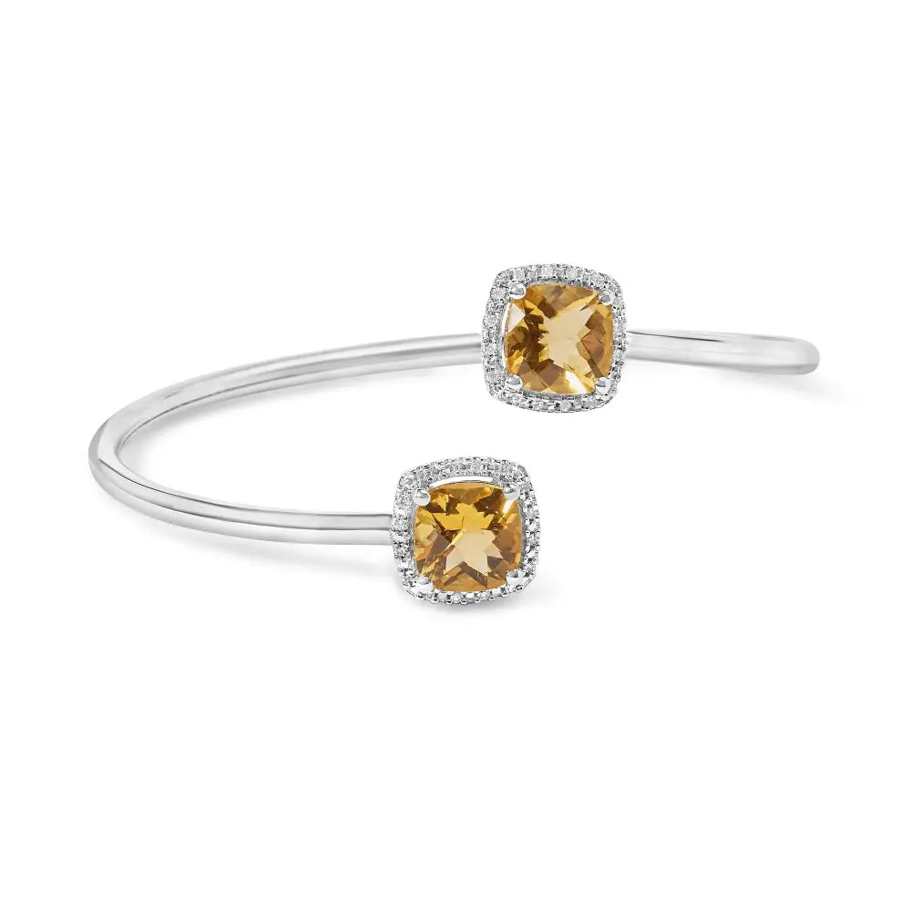 Cushion Citrine and Diamond Halo Split Bypass Bangle in Sterling Silver